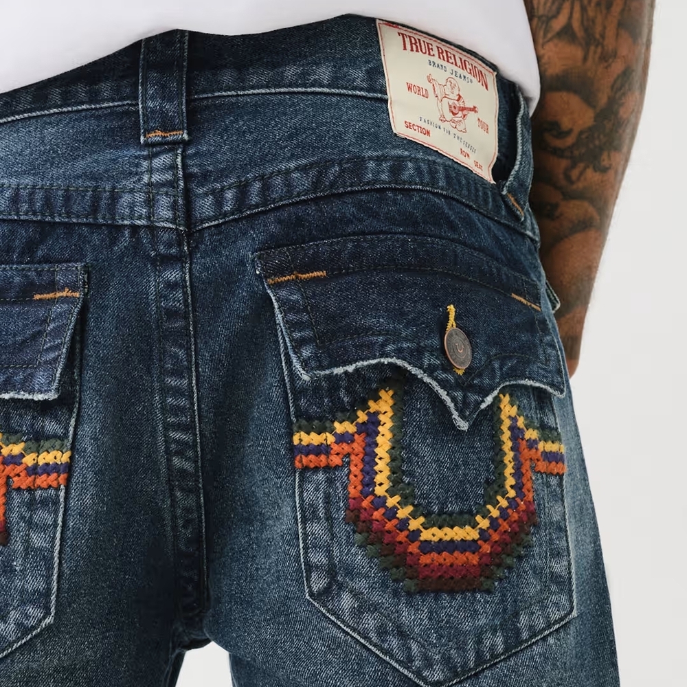 True Religion Dark Blue Denim Jeans with Multicolor Cross Stitch Sz. 29 NWT